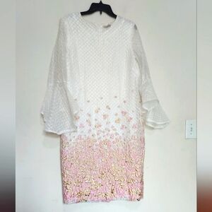 ELLA BELLE NY Midi Textured White Pink And Gold Sheath Dress Sz-8